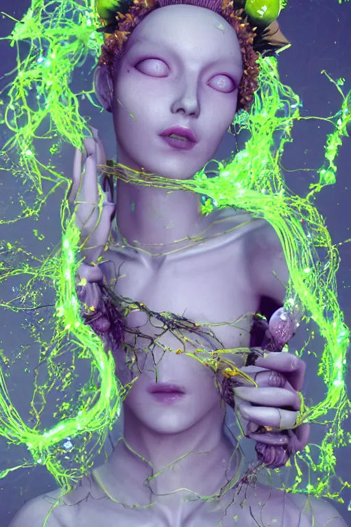 Prompt: an epic non - binary model, subject made of cracked clay, vine headdress, cables all over, flowing dress, with yellow and green bubbles bursting out, delicate, beautiful, intricate, melting into jolteon, houdini sidefx, by jeremy mann and ilya kuvshinov, jamie hewlett and ayami kojima, bold 3 d