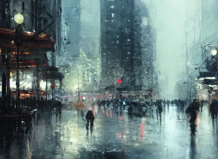 Prompt: a cityscape in winter painted by jeremy mann, street - level, dripping oil paint, thick brushstrokes, abstracted painterly techniques, high resolution