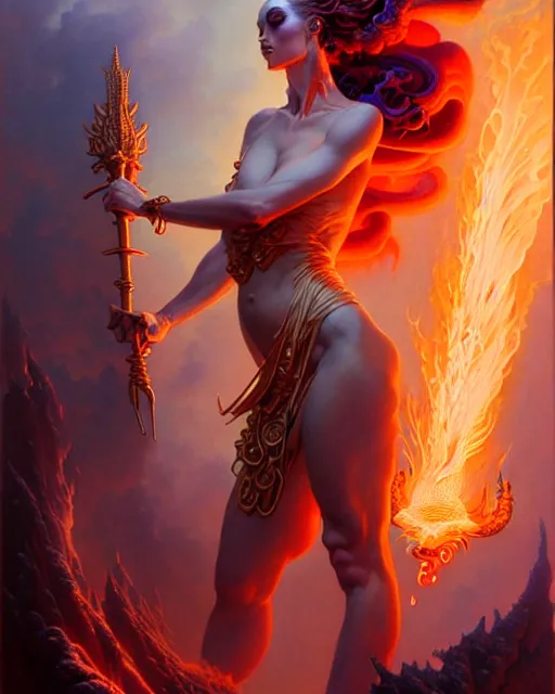 Prompt: goddess of fire, beautiful fantasy character portrait, ultra realistic, wide angle, intricate details, highly detailed by peter mohrbacher, boris vallejo, hajime sorayama, wayne barlowe, aaron horkey, gaston bussiere, craig mullins