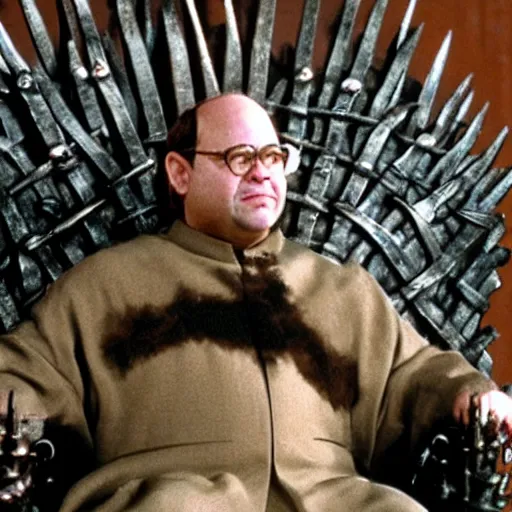 Image similar to George Costanza from Seinfeld sitting on the iron throne from Game of Thrones