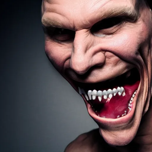 Image similar to Jerma985 with a wide smile, sinister looking, evil intent, horror, uncanny, detailed, high resolution, sharpened, close-up, professional photography, studio lighting, hyperrealistic, real life