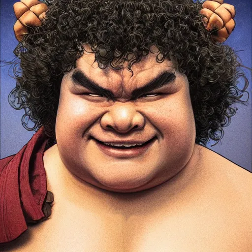 Prompt: gaten matarazzo as e. honda the sumo wrestler from street fighter, smiling, ultra realistic, concept art, intricate details, eerie, highly detailed, photorealistic, octane render, 8 k, unreal engine. art by artgerm and greg rutkowski and magali villeneuve and alphonse mucha