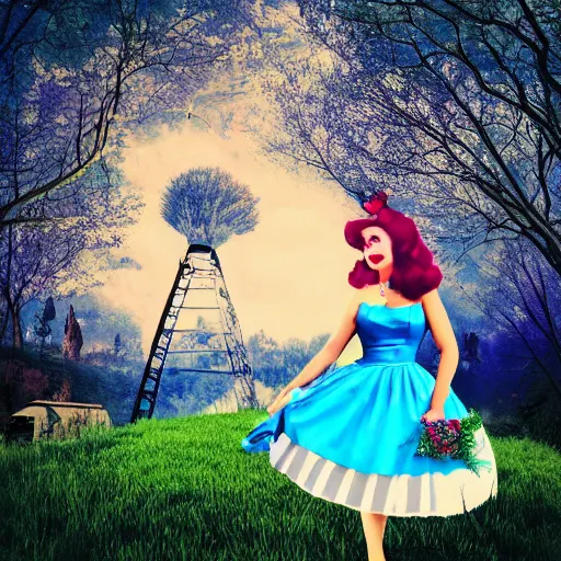 Image similar to giant alice in wonderland, pin up, houses, trees, mountains, woman, city, digital art, photo, blue dress, photoshop, flowers, colorful