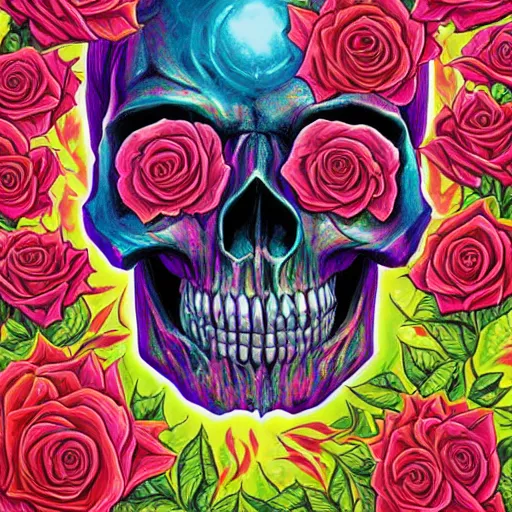 Prompt: large skull surrounded by vivid colorful roses, Jen Bartel, Dan Mumford, Satoshi Kon, gouache illustration