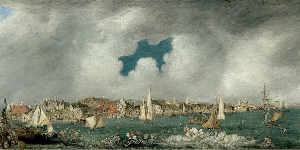 Prompt: a painting of the harbour at Stromness, orkney islands, small houses, boats, sea, stormy clouds, by François Boucher, by Antoine Watteau