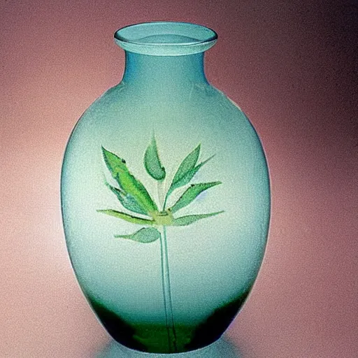 Prompt: the object is a vase. it is made of glass and is cylindrical in shape. it has a wide opening at the top and a narrow base. it is decorated with a design of flowers and leaves. the colors are white, pink, and green