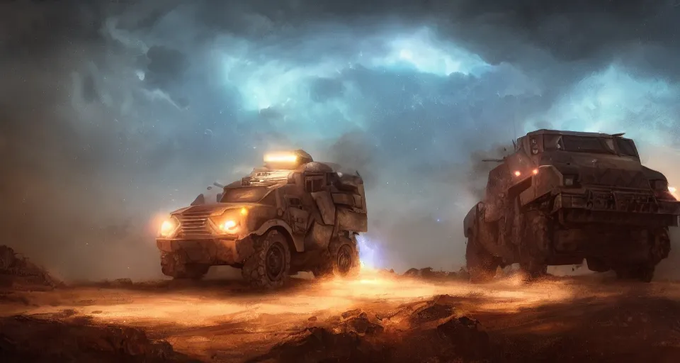 Image similar to an image of an armored vehicle in the night on a mountain with blue headlights on by Paul Chadeisson, atmospherical, heavy storm, lightnings, concept art, high detail, intimidating, cinematic, Artstation trending, octane render