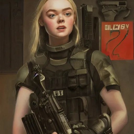 Prompt: ultra realistic portrait painting of elle fanning in prey wearing swat gear, art by frank frazetta, 4 k, ultra realistic, highly detailed, epic lighting