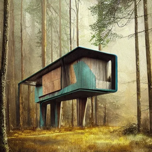 Image similar to lonely overgrown futuristic sci-fi wooden house in the middle of pine forest glade Carpathian forests europe, Nice colour scheme, soft warm colour. Studio Gibli. Beautiful detailed watercolor by Lurid. (2022)