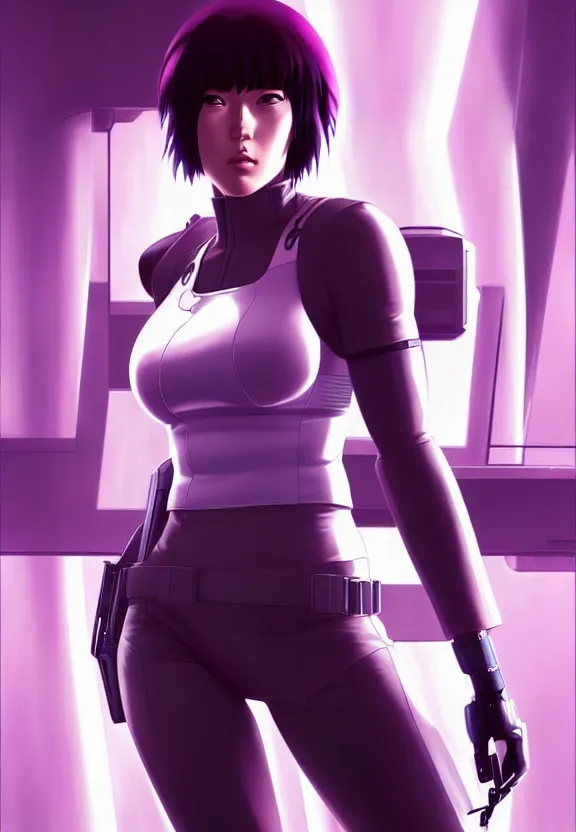 Image similar to a fullbody portrait of motoko kusanagi the major ghost in the shell : : stand alone complex, under repairs, maintenance : : by ilya kuvshinov, rossdraws, artgerm, sola digital arts, anti aliasing, raytracing : :