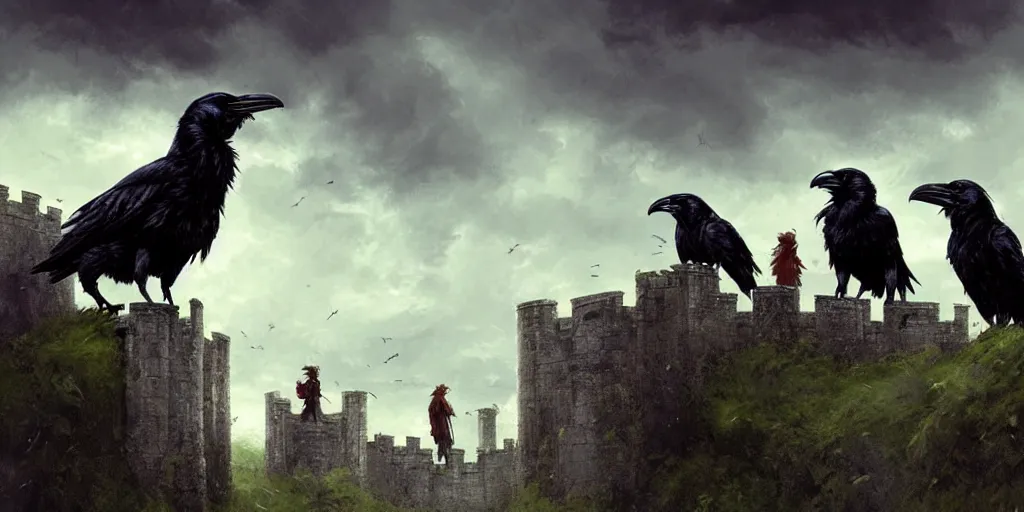 Image similar to A group of Ravens sit on a castle ramparts, dark fantasy, stormy sky, lightning, digital art by Greg Rutkowski and Studio Ghibli