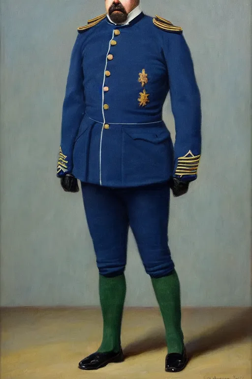 Prompt: full body portrait of the dictator of the minnesota timberwolves, 1 8 8 9, in full military garb, midnight blue, lake blue, moonlight grey and aurora green, oil on canvas by william sidney mount, trending on artstation