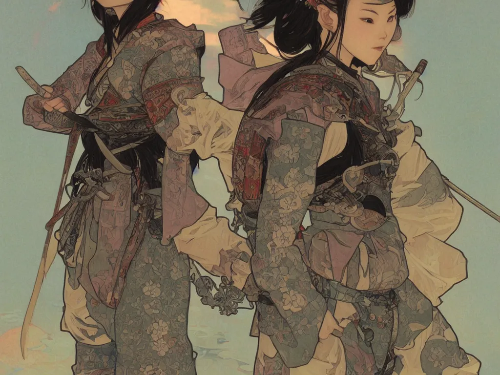 Image similar to a wandering samurai in full armor, dusk, by fiona staples, range murata, alphonse mucha