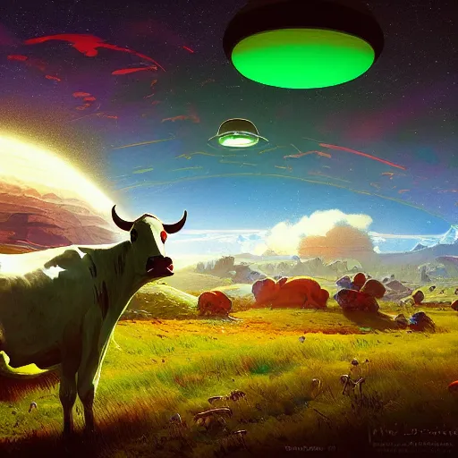 Image similar to ufo over the cow, Bright colors, fantastic landscape, hyperrealism, no blur, 4k resolution, ultra detailed, style of Anton Fadeev, Ivan Shishkin, John Berkey