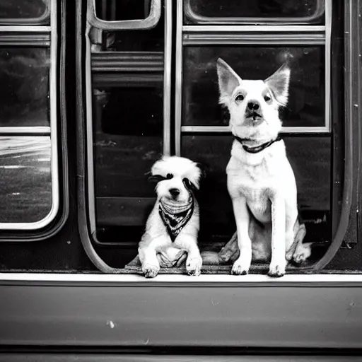 Image similar to a photo of two dogs sitting in front of the bus, hd award winning photograph, high detailed, 2001 style