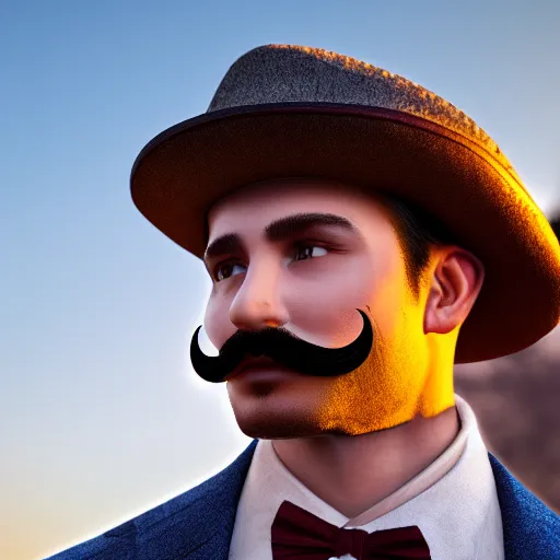 Prompt: realistic closeup of a young gentlemen's face with a mustache, 4K, beautiful, sunset