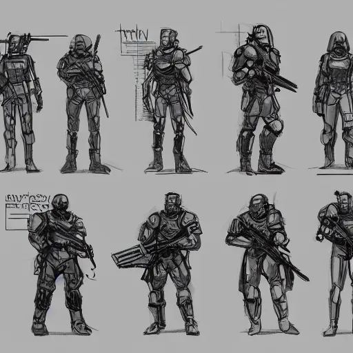 Prompt: sketches concept art standard assassin mercenary massive nano chest armor plating millitary modern future era variants digital outline