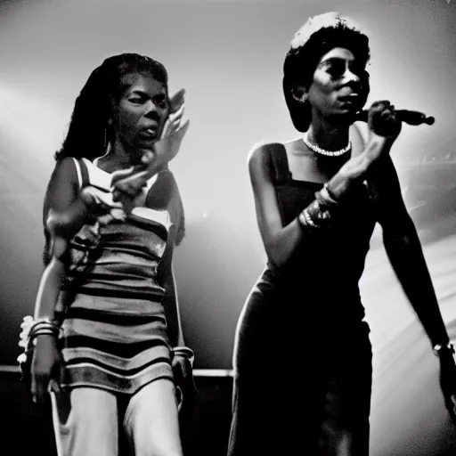 Prompt: film photo of Nina Simone and Amy Winehouse on stage at a club, dark lit, beautiful lighting, halation, realistic, chromatic aberration, dof, god rays, ektachrome 100,