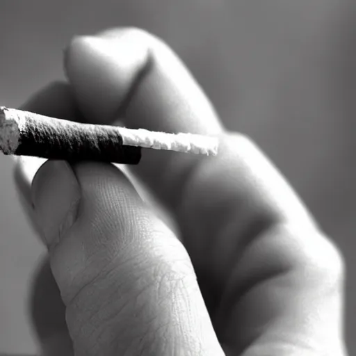 Prompt: Close-up of hyperrealistic hand holding cigarette with smoke, white background, vintage photo