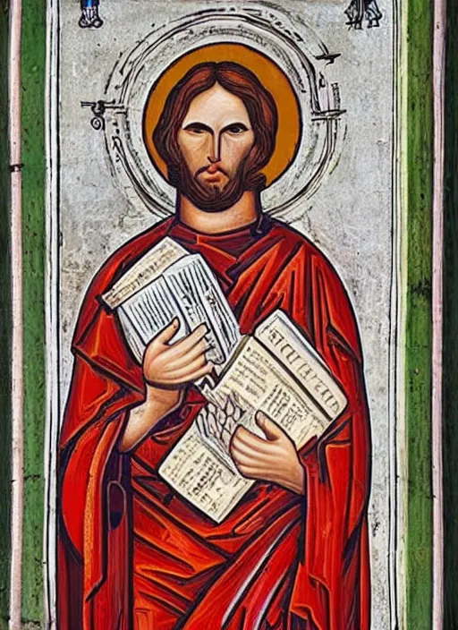 Image similar to mavrodi mmm with red book, infernal icon, art in church style