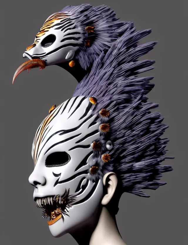 Image similar to 3 d goddess close - up profile simple portrait punk with mohawk with tiger skull. beautiful intricately detailed japanese crow kitsune mask and clasical japanese kimono. betta fish, jellyfish phoenix, bio luminescent, plasma, ice, water, wind, creature, artwork by tooth wu and wlop and beeple and greg rutkowski