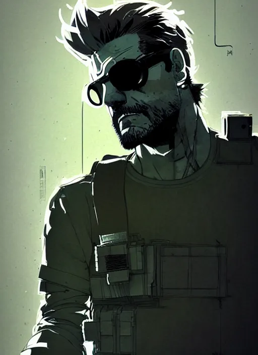 Image similar to highly detailed closeup of a moody solid snake mgs with codec by atey ghailan, by greg rutkowski, by greg tocchini, by james gilleard, by joe fenton, by kaethe butcher, by yoji shinkawa, gradient blue, black, brown and white color scheme muted tones, grunge aesthetic!!! white graffiti tag wall background