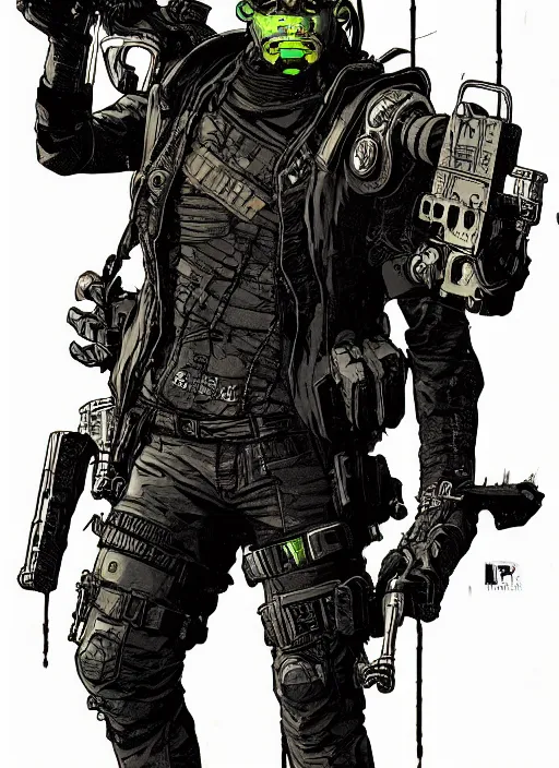 Prompt: cyberpunk mob enforcer. portrait by ashley wood and alphonse mucha and laurie greasley and josan gonzalez and james gurney. splinter cell, apex legends, rb 6 s, hl 2, d & d, cyberpunk 2 0 7 7. realistic face. character clothing. vivid color. dystopian setting.