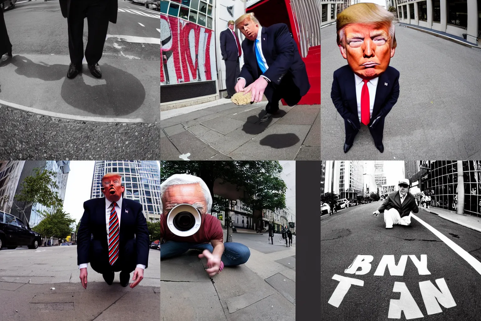 Prompt: Tabloid magazine photograph of Donald Trump pooping on the sidewalk, fisheye lens