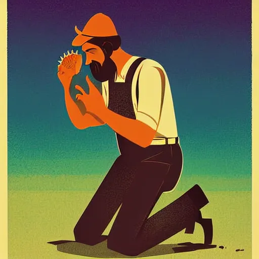 Prompt: farmer kneeling down putting a seed in the ground, limited neutral palette, by petros afshar, anton fadeev, dean ellis, beautiful graphic full body portrait, propaganda poster art 1 9 7 0 s illustrated advertising art, painterly character design