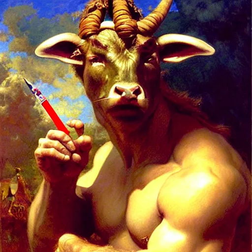 Image similar to a portrait of a minotaur smoking a joint. highly detailed painting by gaston bussiere, craig mullins, j. c. leyendecker, furry