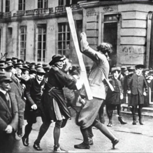 Image similar to a close - up old black and white photo, 1 9 1 3, depicting isaac newton wearing a big wig fighting gottfried leibnitz wearing a big wig in the streets of paris, rule of thirds, historical record