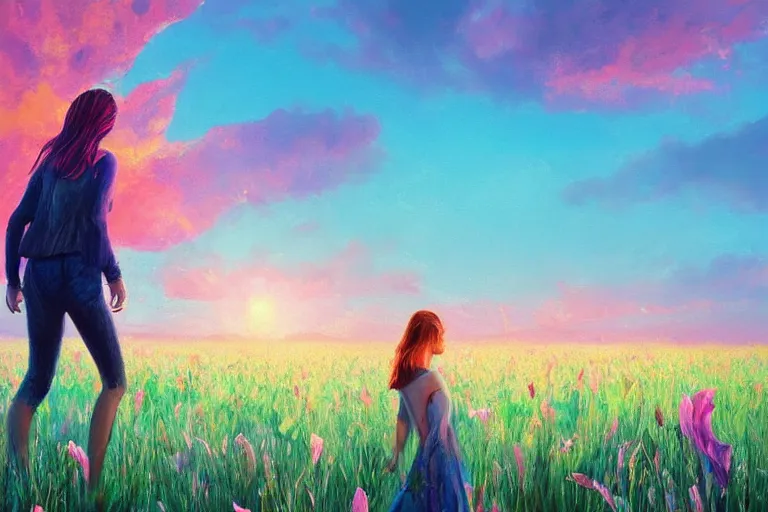 Image similar to giant gladiola head, girl walking in field of flowers, surreal photography, sunrise, blue sky, dramatic light, impressionist painting, digital painting, artstation, simon stalenhag