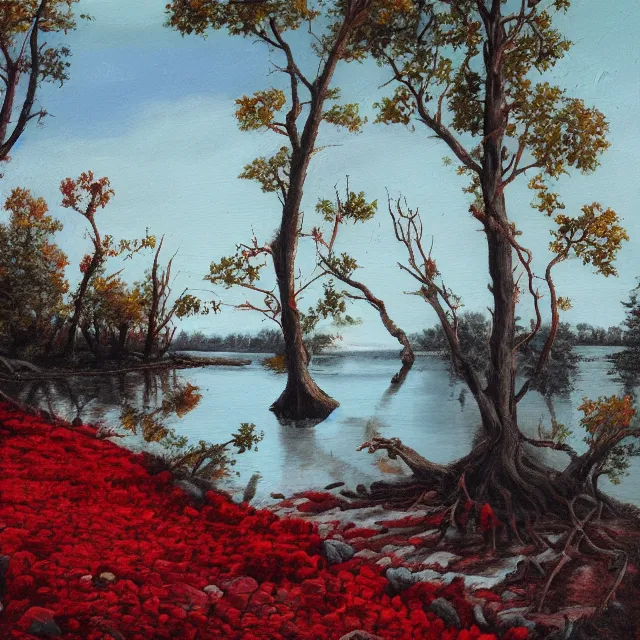 Image similar to bloody red lake with skull shaped pebbles on the shore surrounded by spikey trees, oil painting