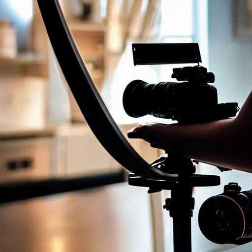 Image similar to “a camera on a tripod taking in front of a silhouette of a chef in a gourmet kitchen photorealistic 4K”