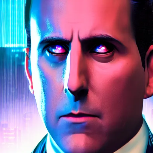 Prompt: cyberpunk Michael Scott from The Office, cibercity, vibrant, 70mm photography, Red camera, wide shot, dramatic lighting, hyperrealistic, high quality, highly detailed, artstation, HD, cinematic, unreal engine, facial accuracy, symmetrical