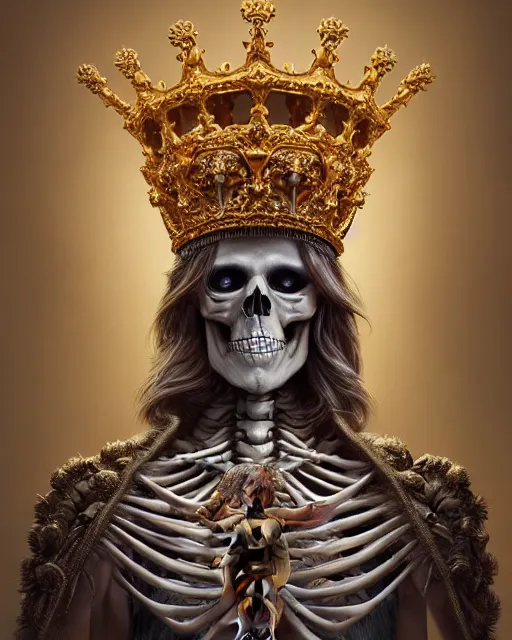 Image similar to highly detailed surreal vfx portrait of a sacred skeleton king with golden crown with rubies, stephen bliss, unreal engine, greg rutkowski, loish, rhads, beeple, makoto shinkai and lois van baarle, ilya kuvshinov, rossdraws, tom bagshaw, alphonse mucha, global illumination, detailed and intricate environment