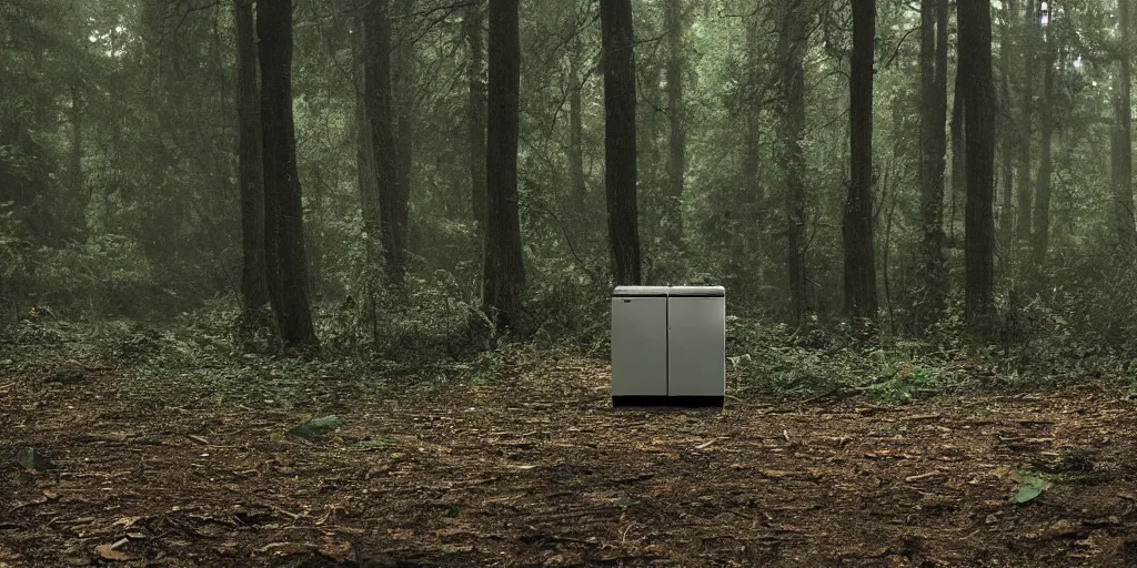 Image similar to washing machine in a forest shot by david fincher