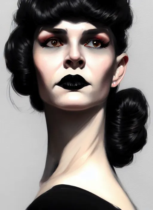 Image similar to portrait of a woman with a crooked nose and a confident expression, 1 9 6 0 s, black clothes, goth, punk, funk, intricate, elegant, highly detailed, digital painting, artstation, concept art, smooth, sharp focus, illustration, art by wlop, mars ravelo and greg rutkowski