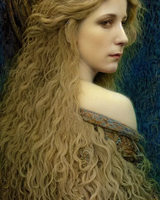 Prompt: matte painting portrait shot, beautiful mira sorvino, detailed and intricate by jean delville, gustave dore and marco mazzoni, art nouveau, symbolist, visionary, colourful, pre - raphaelite