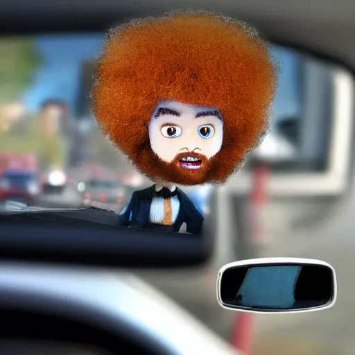 Image similar to a tiny screaming angry bob ross running your in rear view mirror