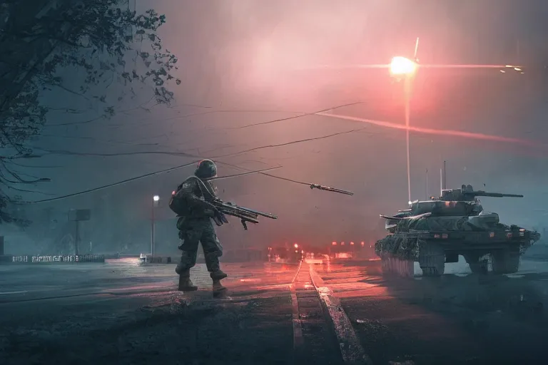 Image similar to soldier battlefield 4 by simon stalenhag and robbert sammelin and eric persson, battlefield 4, 4 k, hd wallpaper, hdr, tonemapping, detailed, atmospheric, global illumination, majestical lighting, saturated, wet, ray tracing, anamorphic lens, chromatic aberration, vivid pastel color scheme