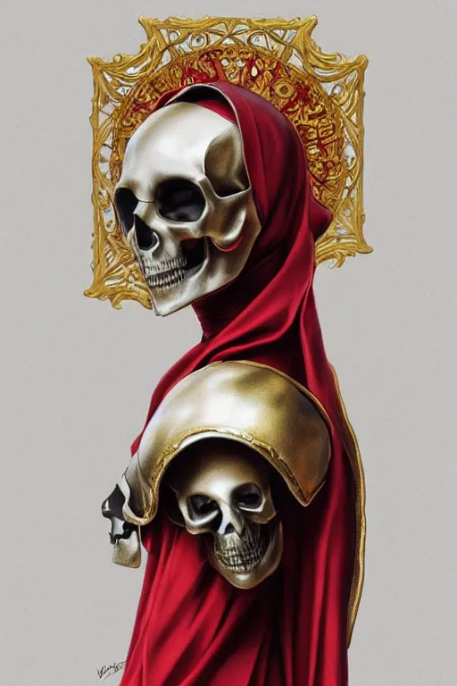 Prompt: ultra realistic illustration, 3 d render of a nun with a skull helmet red and gold accents, gothic, dark, hacknaut, fantasy, intricate, elegant, highly detailed, digital painting, artstation, concept art, smooth, sharp focus, illustration, art by artgerm and greg rutkowski and alphonse mucha