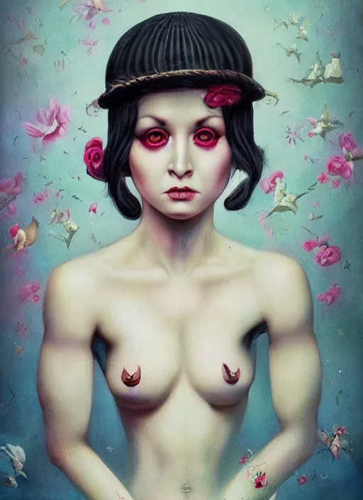 Image similar to pop surrealism, lowbrow art, realistic sylvester stallone painting, japanese street fashion, hyper realism, muted colours, rococo, natalie shau, loreta lux, tom bagshaw, mark ryden, trevor brown style,