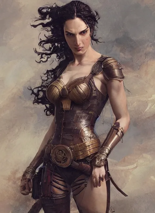 Image similar to highly detailed steampunk gal gadot standing, steel age : leonardo da vinci, greg rutkowski, magali villeneuve