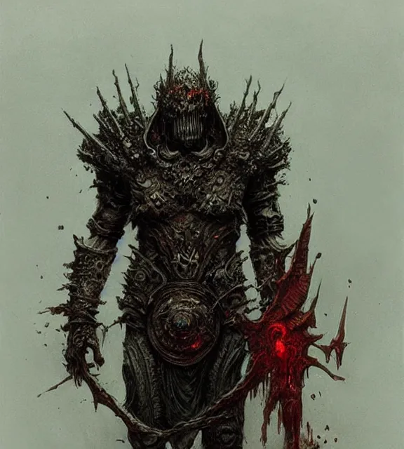 Image similar to chaos berserker in hellish armor concept, beksinski, trending on artstation