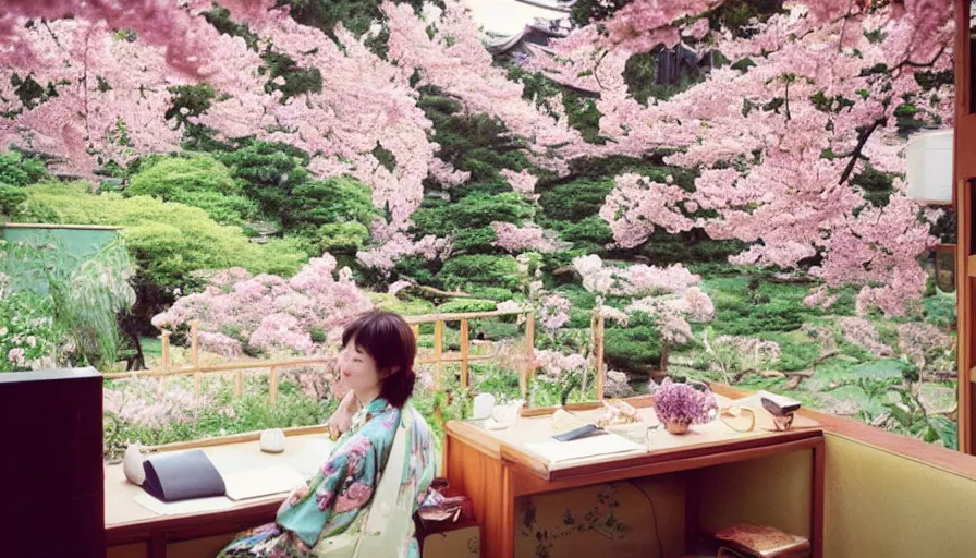 Prompt: 1 9 9 0 s candid 3 5 mm photo of a beautiful day in the a dreamy flowery japanese cottage, cinematic lighting, cinematic look, golden hour, a desk for flower arrangements has sun shinning on it through a window, temple and cherry blossoms in the distance, photographed by petra collins, magical details and glowing lights, uhd