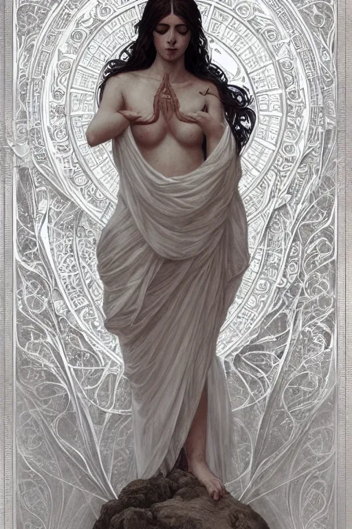 Image similar to a full body portrait of a beautiful ethereal delicate ancient greek mage queen meditative sacral pose catholic stages of the cross, intricate, elegant, highly detailed, digital painting, artstation, concept art, smooth, sharp focus, illustration, art by krenz cushart and artem demura and alphonse mucha