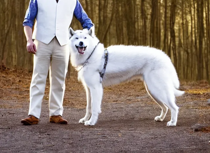 Image similar to film still of an anthropomorphic standing upright man dog white vested husky!!!!!! in a white vest wearing a white vest!!!!! in the new sci - fi movie, 8 k