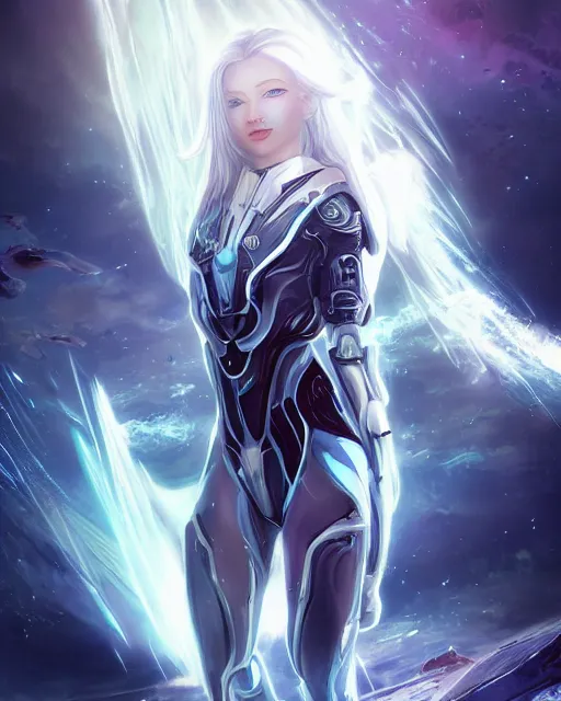 Image similar to photo of a beautiful girl on a mothership, android, warframe armor, pretty face, scifi, futuristic, galaxy, raytracing, dreamy, perfect!!!, cosmic wind, pure, long white hair, blue cyborg eyes, glow, insanely detailed, artstation, innocent look, art by gauthier leblanc, kazuya takahashi, huifeng huang