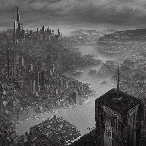 Image similar to an ultra detailed matte painting of a lonely and impossibly tall ominous dark tower elevated high above the city, on an isolated plateau island in a river elevated high above the city fortress tower, fantasy capital city, ultrawide lense, aerial photography, volumetric lighting, exquisite detail, 8 k, art by m. c. escher and greg rutkowski and alphonse mucha